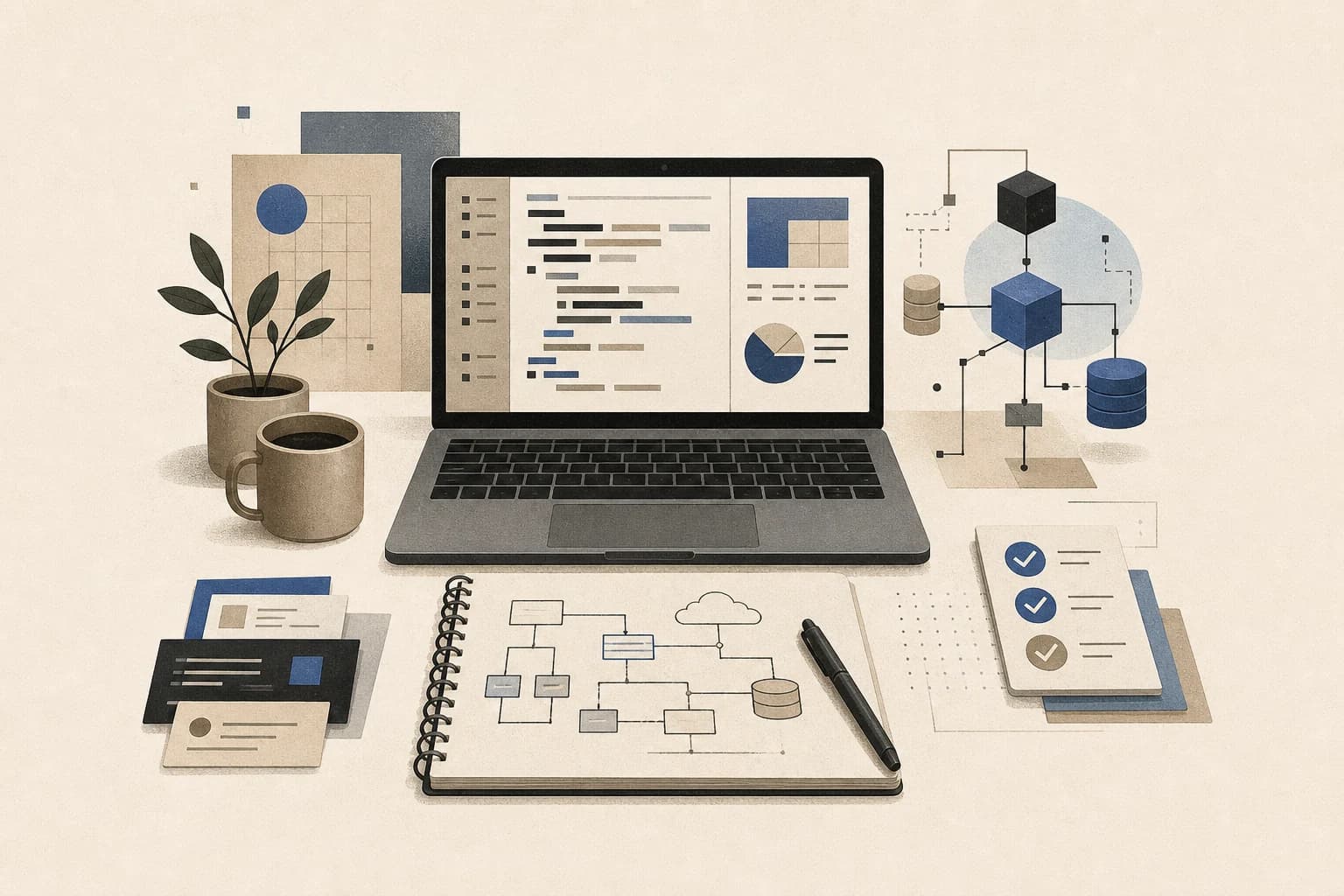 Editorial illustration of a developer workspace with a laptop, system diagrams, and testing notes
