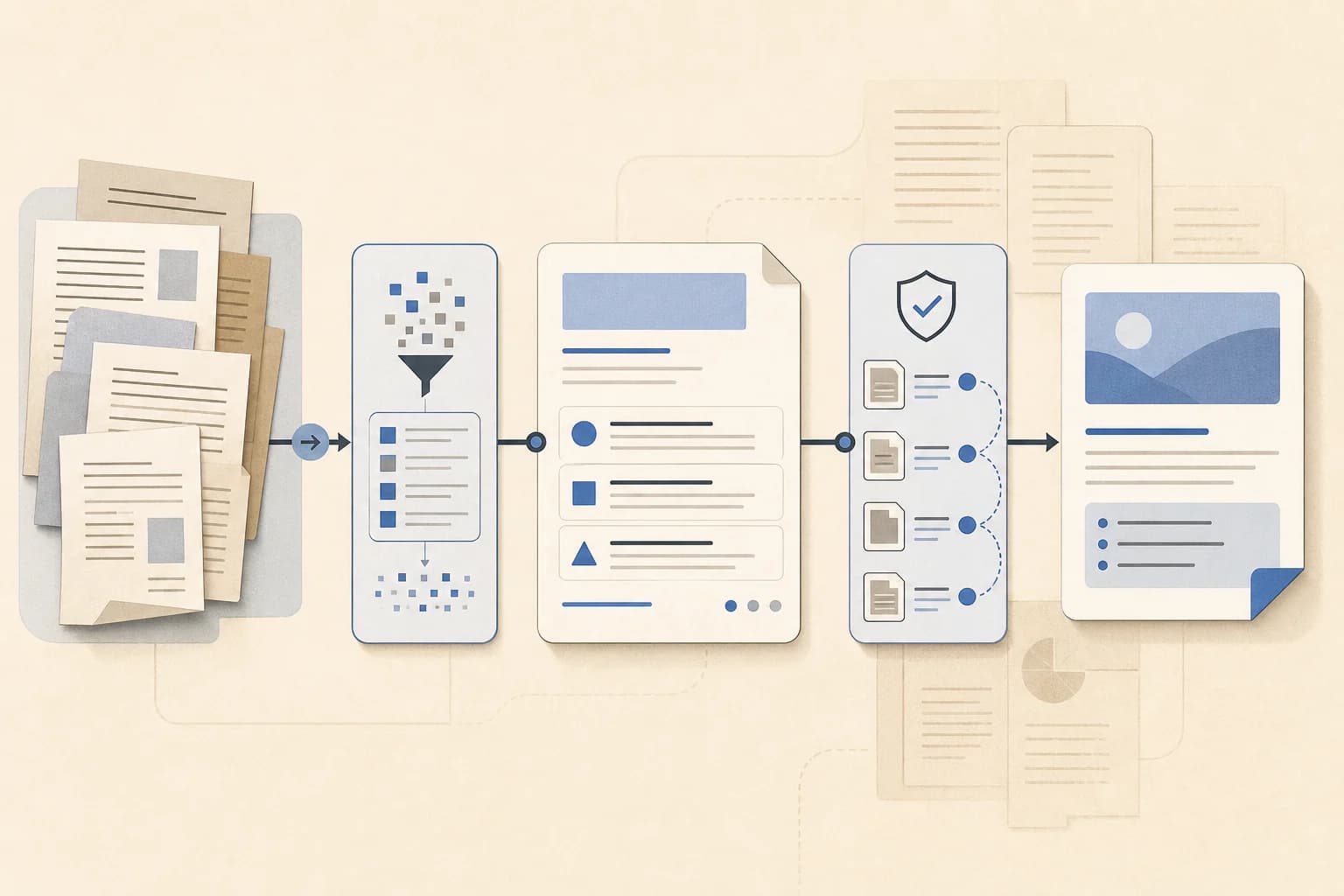 Editorial illustration of documents moving through an automated summarization and citation-validation pipeline