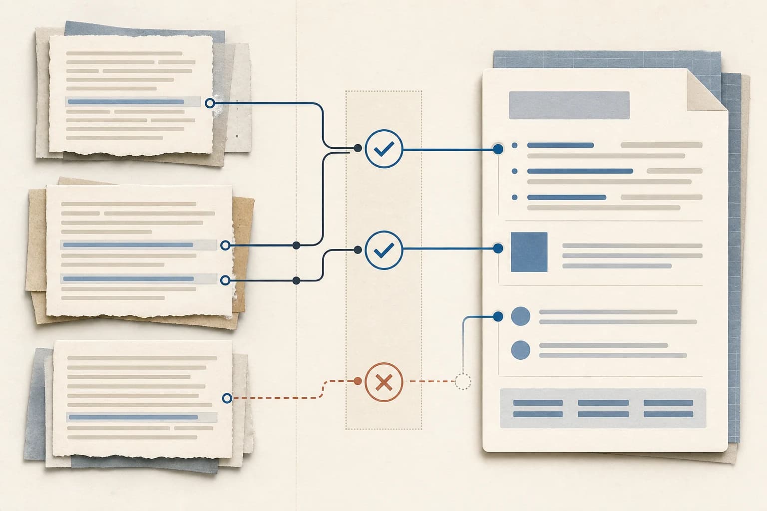 Editorial illustration of source passages connecting through validation checks to a structured cited summary