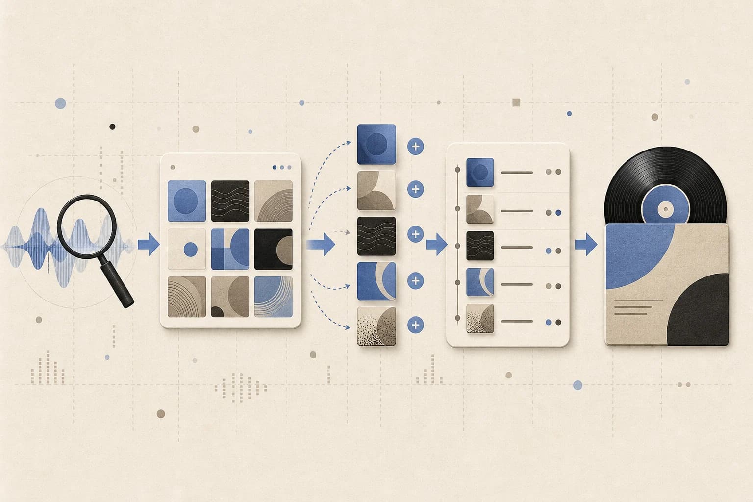 Editorial illustration of music search results becoming an ordered playlist in one continuous flow