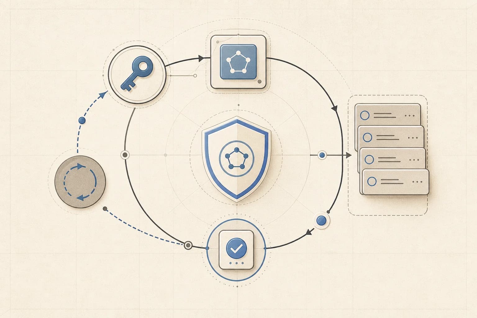 Editorial illustration of a secure authorization session refreshing once while queued requests resume